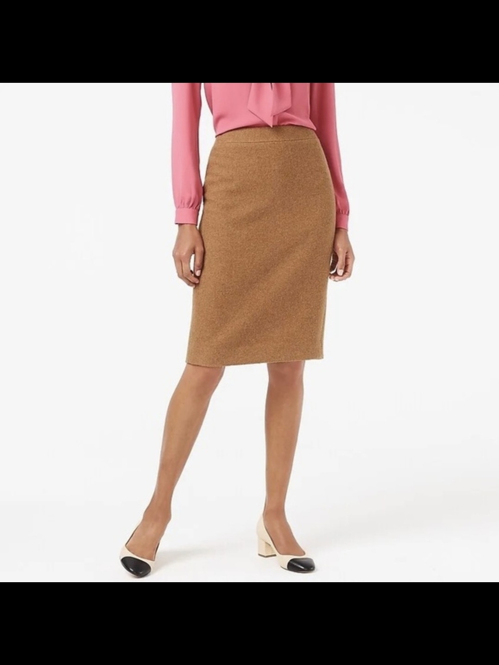 J.Crew camel brown wool blend pencil skirt features a back vent and zippered